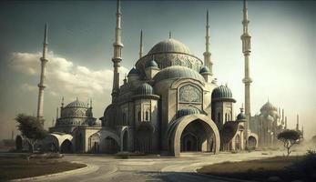 3d illustration of amazing architecture design of muslim mosque ramadan concept, illustration of amazing architecture design of muslim mosque ramadan concept, Generate Ai photo