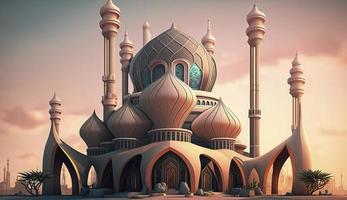 3d ilustración de increíble arquitectura diseño de musulmán mezquita Ramadán concepto, ilustración de increíble arquitectura diseño de musulmán mezquita Ramadán concepto, generar ai foto