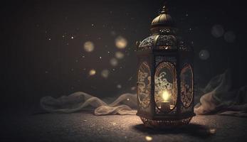 Ornamental Arabic lantern with burning candle glowing . Festive greeting card, invitation for Muslim holy month Ramadan Kareem. Ramadan Kareem greeting photo  , Generate Ai