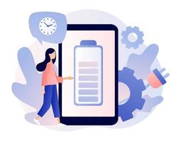 Battery charge. Tiny Users, battery performance and long life battery. Metaphor of productivity. Modern flat cartoon style. Vector illustration on white background