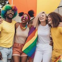 diverso joven amigos celebrando gay orgullo festival lgbtq. generativo ai foto