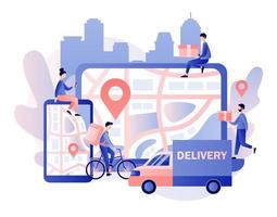 Online delivery service concept. Order tracking. Tiny people are couriers and customers. Courier on bike and delivery van. Modern flat cartoon style. Vector illustration on white background