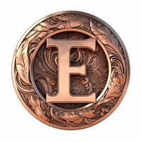 3d realistic Letter E of copper with ancient ornament photo