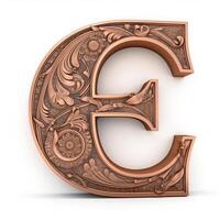 3d realistic Letter E of copper with ancient ornament photo