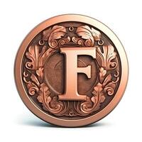 3d realistic Letter F of copper with ancient ornament photo