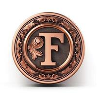 3d realistic Letter F of copper with ancient ornament photo