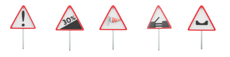 3d rendering Other hazards, steep climb 30 , side wind, drawbridge, hole in the road sign icon set. 3d render road sign concept icon set. png