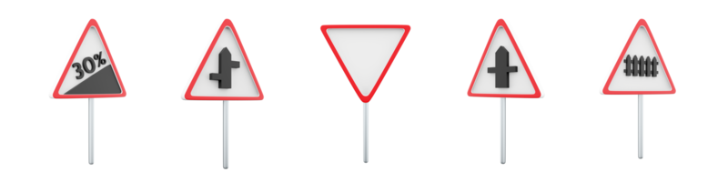 3d rendering Intersection with a secondary, contiguity with secondary, steep climb 30 , Railway train level crossing, Give way road sign icon set. 3d render road sign concept icon set. png