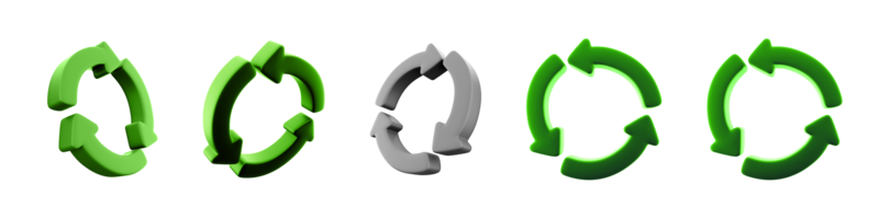 3d rendering Recycling icon set. 3d render tiangle made of green arrows different positionc icon set. Recycle. png