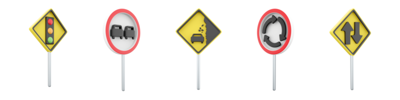 3d rendering no overtaking, Falling stones, Traffic light regulation, two way traffic, Roundabout road sign icon set. 3d render road sign concept icon set. png