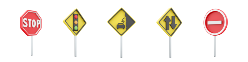 3d rendering No entry, Movement without stopping is prohibited, Traffic light regulation, Falling stones, two way traffic road sign icon set. 3d render road sign concept icon set. png