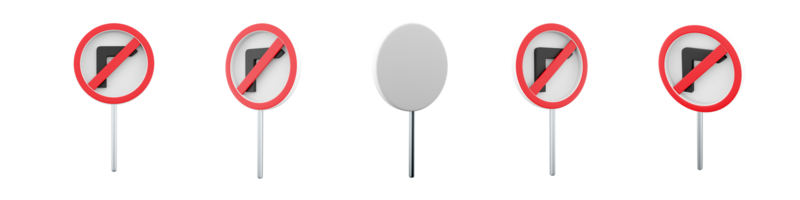 3d representación Derecha giro prohibido la carretera firmar diferente posiciones icono colocar. 3d hacer la carretera firmar concepto icono colocar. Derecha giro prohibido. png