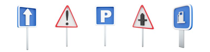 3d Rendern einer Weg, andere Gefahren, Parkplatz Ort, sekundär Straße Überschneidung, Gas Bahnhof Straße Zeichen Symbol Satz. 3d machen Straße Zeichen Konzept Symbol Satz. png