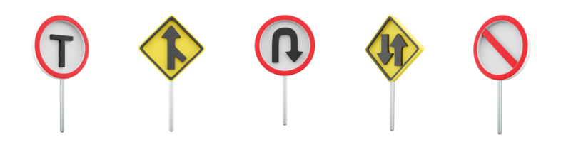 3d rendering No parking, U-Turn, Minor road junction, T traffic Transport, two way traffic road sign icon set. 3d render road sign concept icon set. png