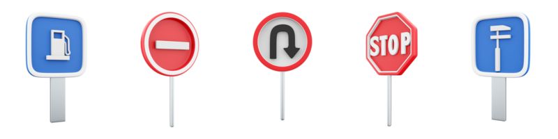 3d rendering Car maintenance, gas station, U-Turn, No entry, Movement without stopping is prohibited road sign icon set. 3d render road sign concept icon set. png