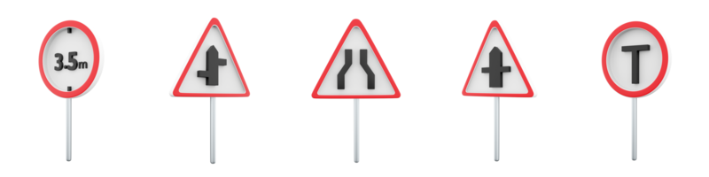 3d representación t tráfico transporte, intersección con un secundario, constricción, prohibir el paso de vehículos con un altura de más que 3,5 metros la carretera firmar icono colocar. la carretera firmar icono colocar. png
