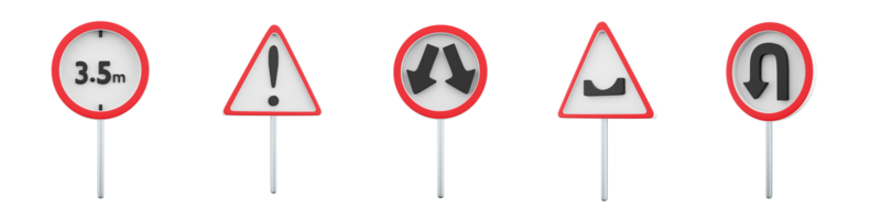 3d rendering height limit of 3.5 meters, Other hazards, go around the obstacle, U-Turn, hole in the road sign icon set. 3d render road sign concept icon set. png