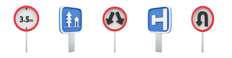 3d rendering height limit of 3.5 meters, dead end on the left, go around the obstacle, U-Turn, resting place road sign icon set. 3d render road sign concept icon set. png