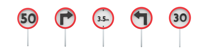 3d interpretazione velocità limite 50, massimo velocità limite 30, proibire il passaggio di veicolo con un' altezza di Di Più di 3.5 metri, girare sinistra, giusto strada cartello icona impostare. strada cartello concetto icona impostare. png