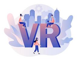 Virtual reality concept. Tiny people using virtual reality glasses. VR cyberspace. Modern flat cartoon style. Vector illustration on white background