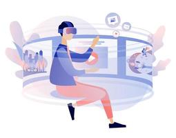 Virtual reality concept. Tiny guy using virtual reality glasses. VR cyberspace 360. Modern flat cartoon style. Vector illustration on white background