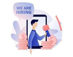 We are Hiring. Recruitment and headhunting agency. Tiny person shouting on megaphone with We are hiring. Jobs concept. Modern flat cartoon style. Vector illustration on white background
