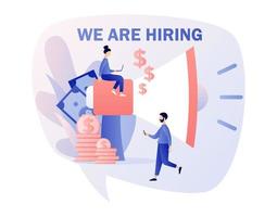 We are Hiring. Recruitment and headhunting agency. Tiny people shouting on megaphone with We are hiring. Jobs concept. Modern flat cartoon style. Vector illustration on white background