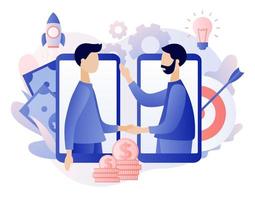 Online business concept. Tiny people conclusion of the transaction. Business handshake via smartphone. Global cooperation on the Internet. Modern flat cartoon style. Vector illustration