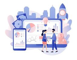 Online business concept. Tiny people conclusion of the transaction. The opening of a new startup. Global cooperation on the Internet. Modern flat cartoon style. Vector illustration on white background