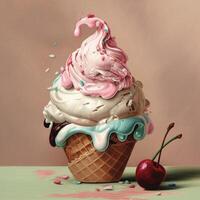 Delicious ice cream cone with sweet topping on a pastel background with splashes. photo