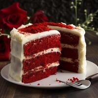 Red velvet cake, classic three layered cake from red butter sponge cakes with white cream cheese frosting, American cuisine. photo
