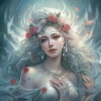 fantasía diosa de amor en flores en azul antecedentes. personaje diseño. generativo ai. foto