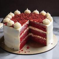 Red velvet cake, classic three layered cake from red butter sponge cakes with white cream cheese frosting, American cuisine. photo