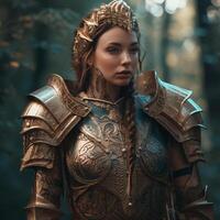 Fantasy goddess of war in an armor with a crown. Character design. . photo