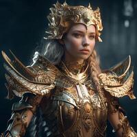 Fantasy goddess of war in an armor with a crown. Character design. . photo