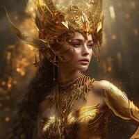 Fantasy goddess in a golden armor with a crown. Character design. . photo