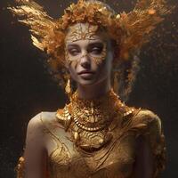 Fantasy goddess in a golden armor with a crown. Character design. . photo