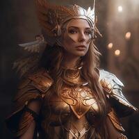 fantasía diosa de guerra en un armadura con un corona. personaje diseño. generativo ai. foto