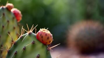 ai generado rojo cactus flor Fruta cerca arriba espinoso pera, opuntia natural planta fondo, Copiar espacio, botánico y exótico comida generativo ai foto