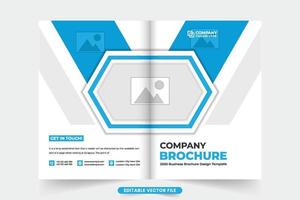 Company brochure cover design with blue and dark colors. Corporate business magazine cover template vector for marketing. Business proposal profile and booklet cover vector with photo placeholders.