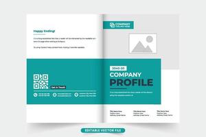 Creative company profile and magazine cover template with photo placeholders. Modern business promotion brochure cover vector with dark aqua and black colors. Corporate booklet cover design.