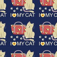 Pattern with carrier, bag for animals, cats, dogs, text I love my cat, pet care. vector