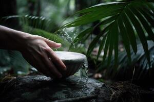 hidratante el piel selva tropical agua, lavar mano en un cuenco de agua generativo ai foto