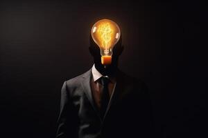 creative business idea, man with black suit and yellow bulb lamp head photo