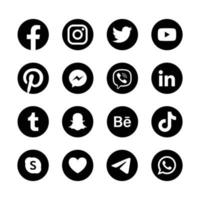 set of black and white social media icons in round background vector