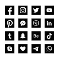 set of black and white social media icons in square background vector