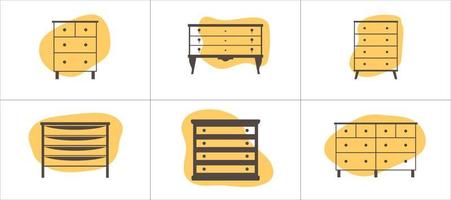 Furniture icons set in flat style. Dressers on abstract figures-substrates. vector