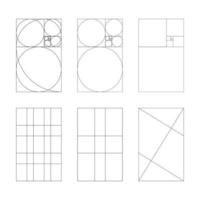 Golden ratio template set. Method golden section. Fibonacci array, numbers. Harmony proportions collection. Outline vector illustration.