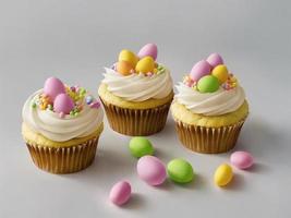 Tres magdalenas con blanco Crema y un blanco Crema con Pascua de Resurrección huevos en cima. foto