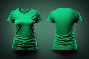 Photo realistic female green t-shirts with copy space, front and back view.